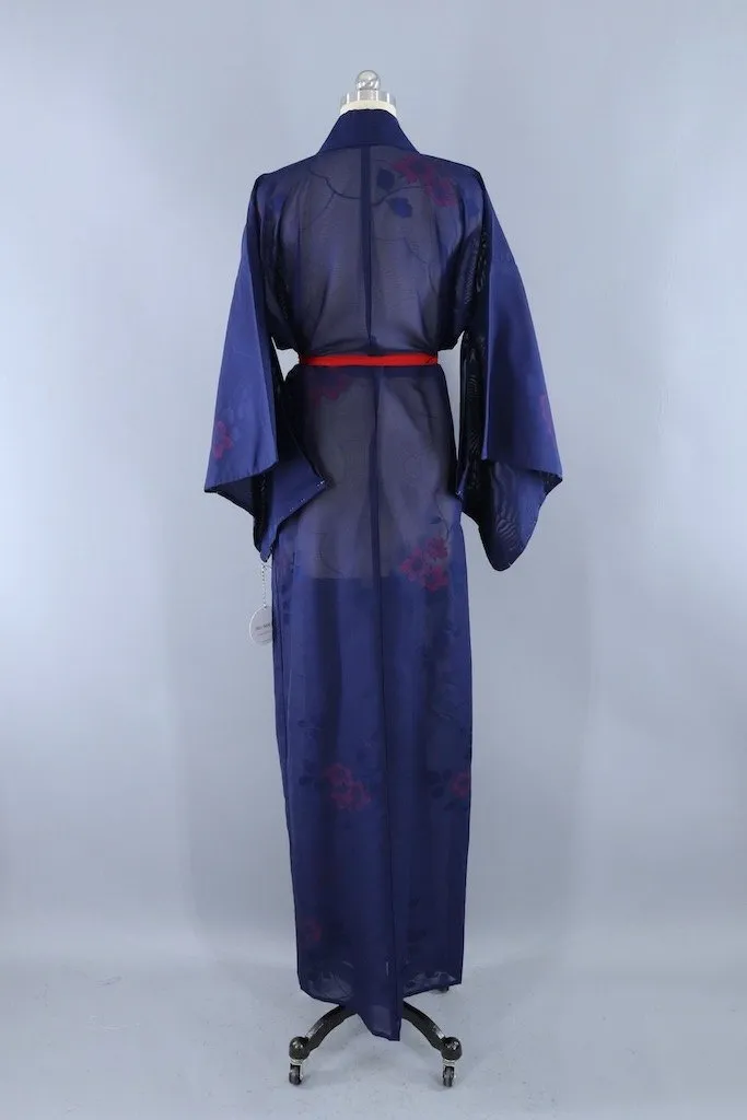 Vintage Navy & Red Floral Kimono Robe