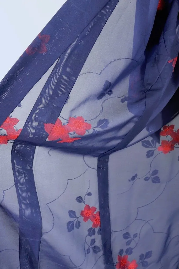 Vintage Navy & Red Floral Kimono Robe