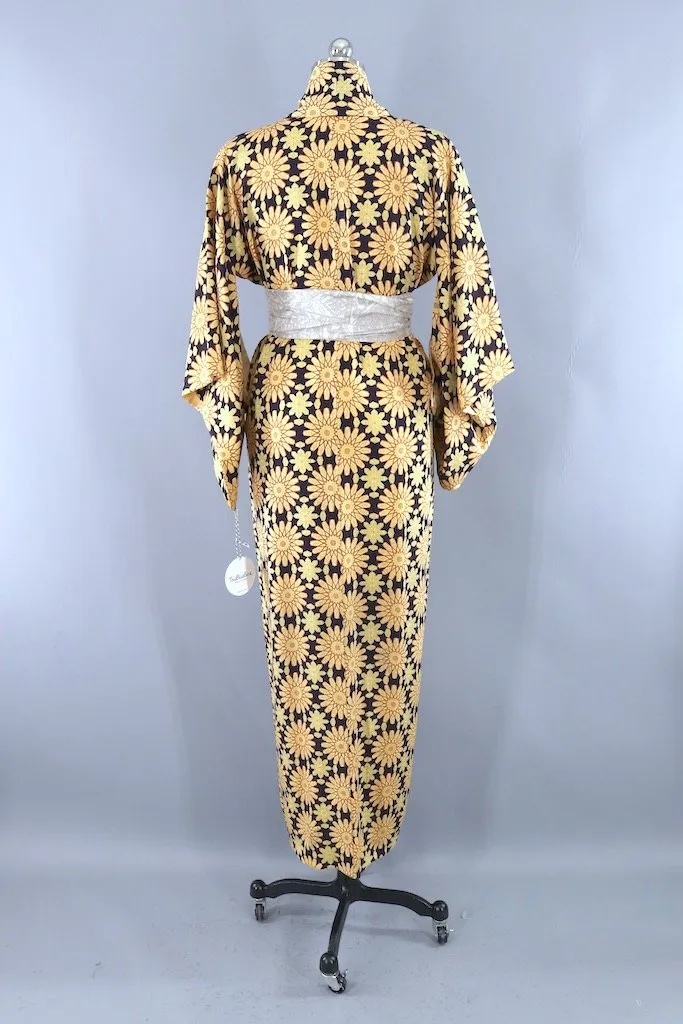 Vintage Navy Floral Silk Kimono Robe
