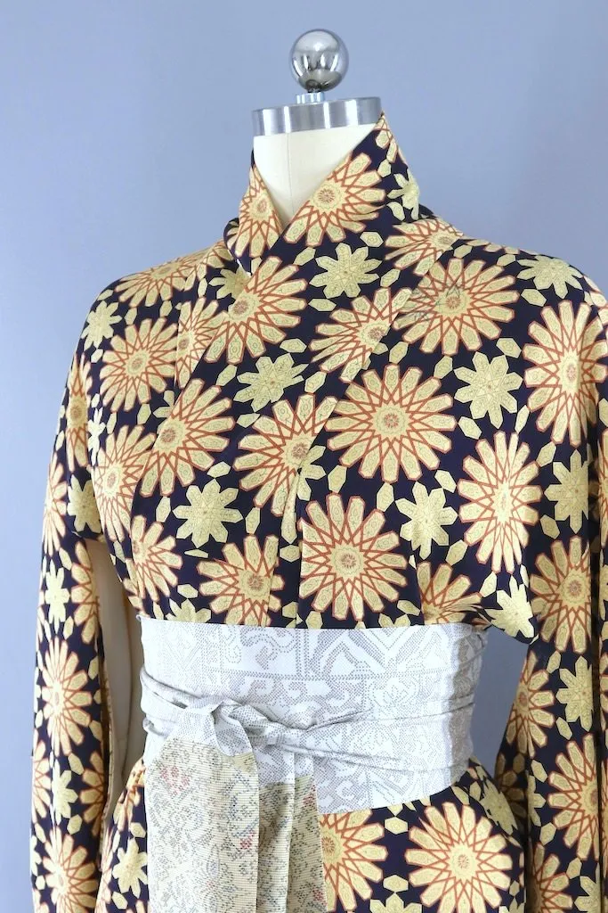 Vintage Navy Floral Silk Kimono Robe
