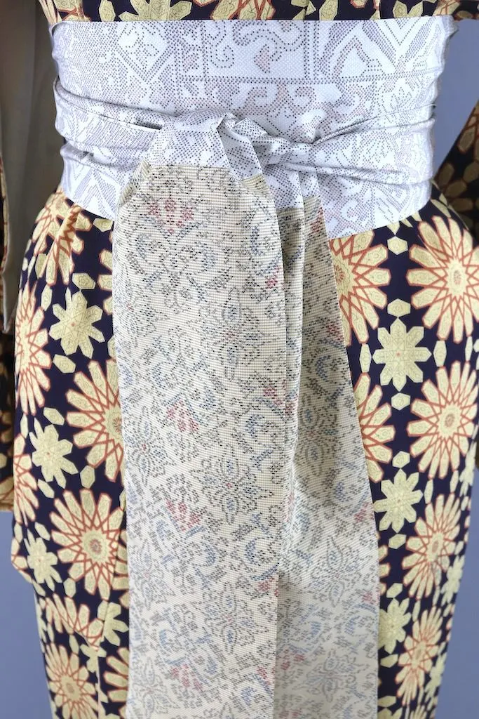 Vintage Navy Floral Silk Kimono Robe
