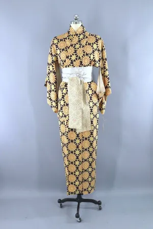 Vintage Navy Floral Silk Kimono Robe