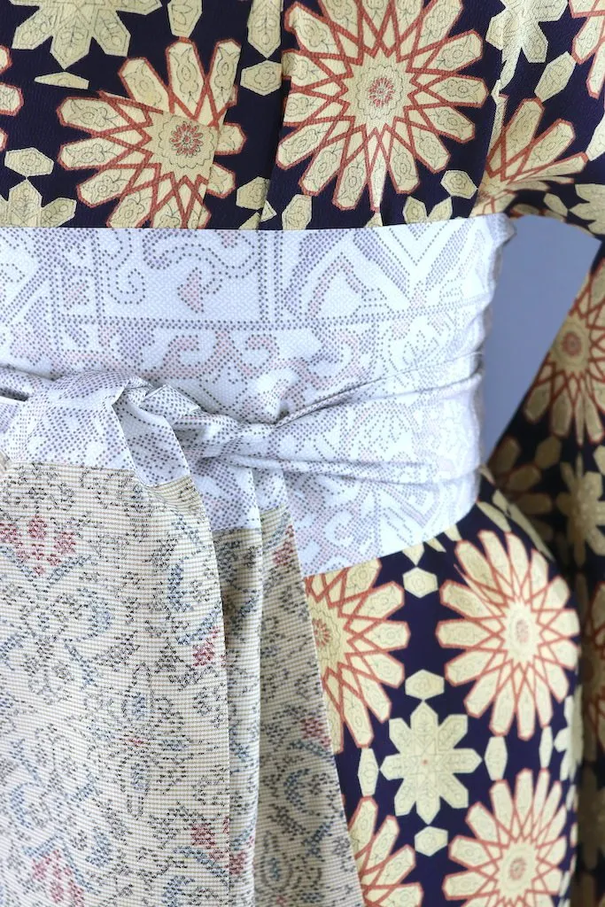Vintage Navy Floral Silk Kimono Robe
