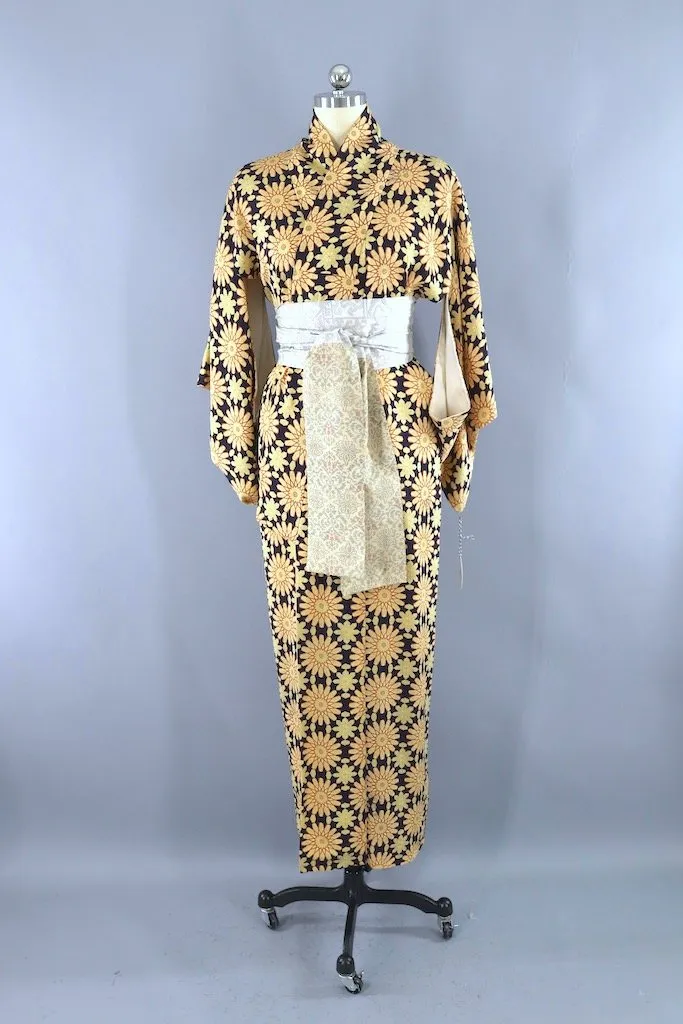 Vintage Navy Floral Silk Kimono Robe