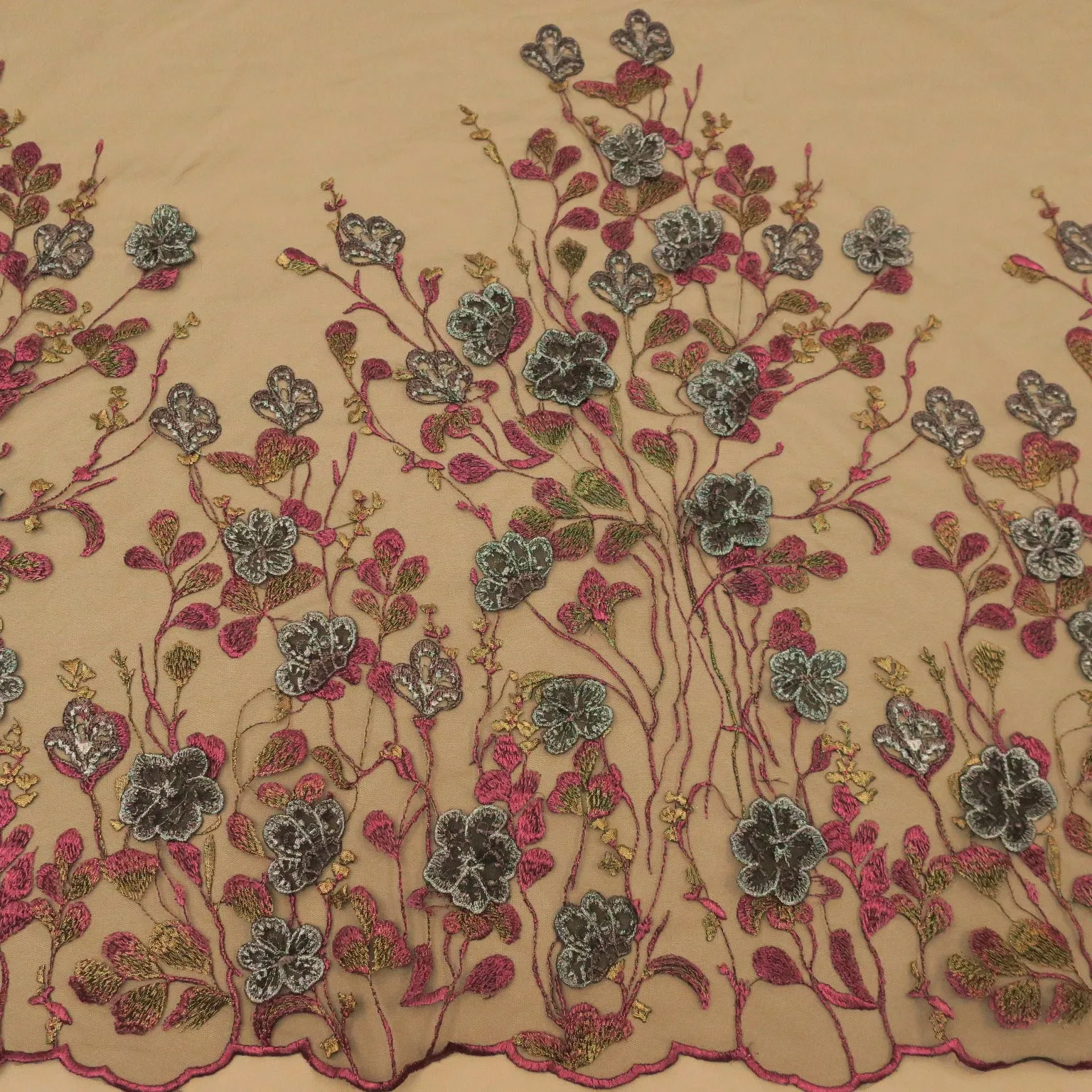 Wine Tulle with Silver and Gold Floral Embroidery Fabric
