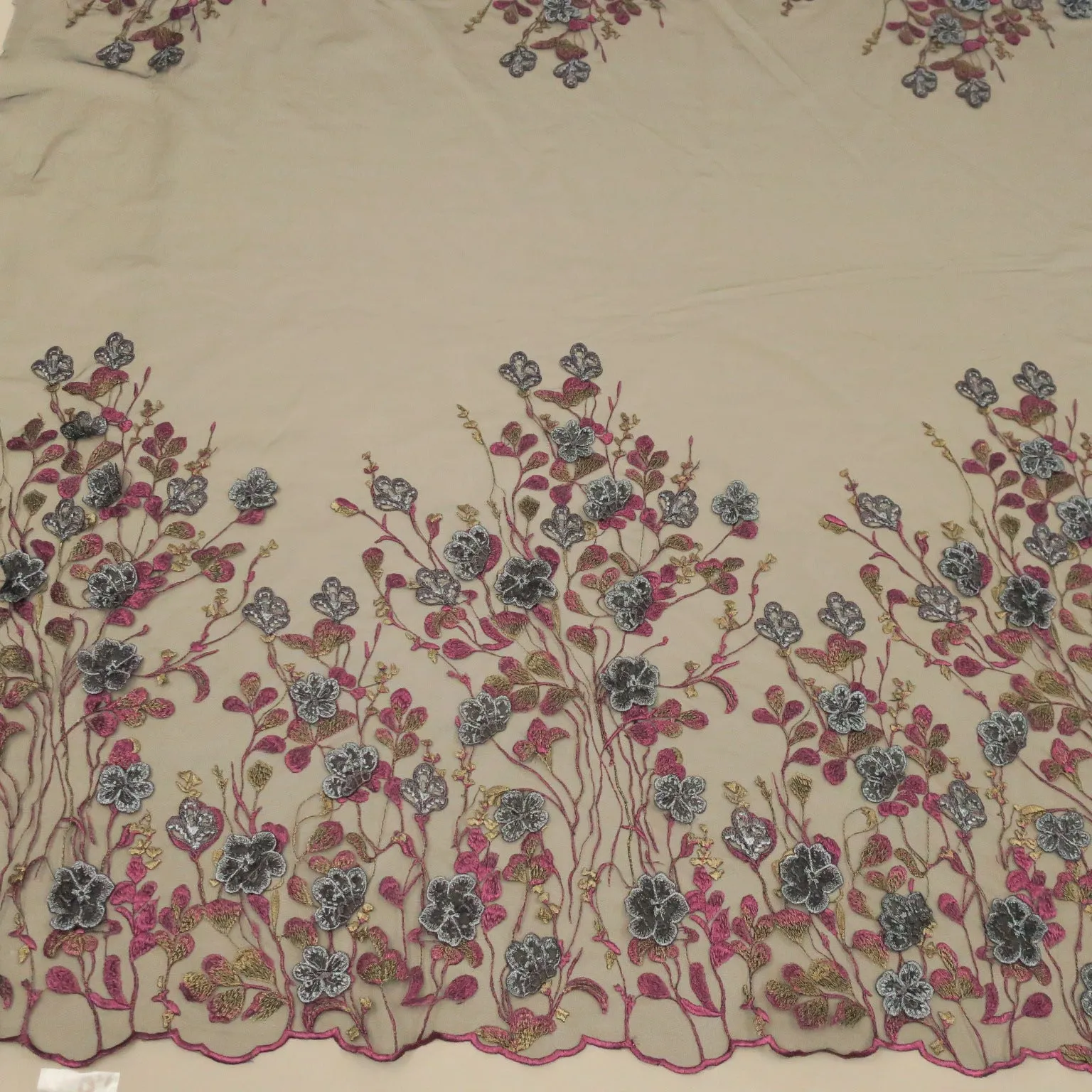 Wine Tulle with Silver and Gold Floral Embroidery Fabric