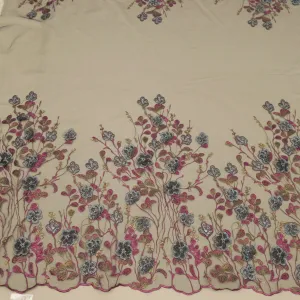 Wine Tulle with Silver and Gold Floral Embroidery Fabric