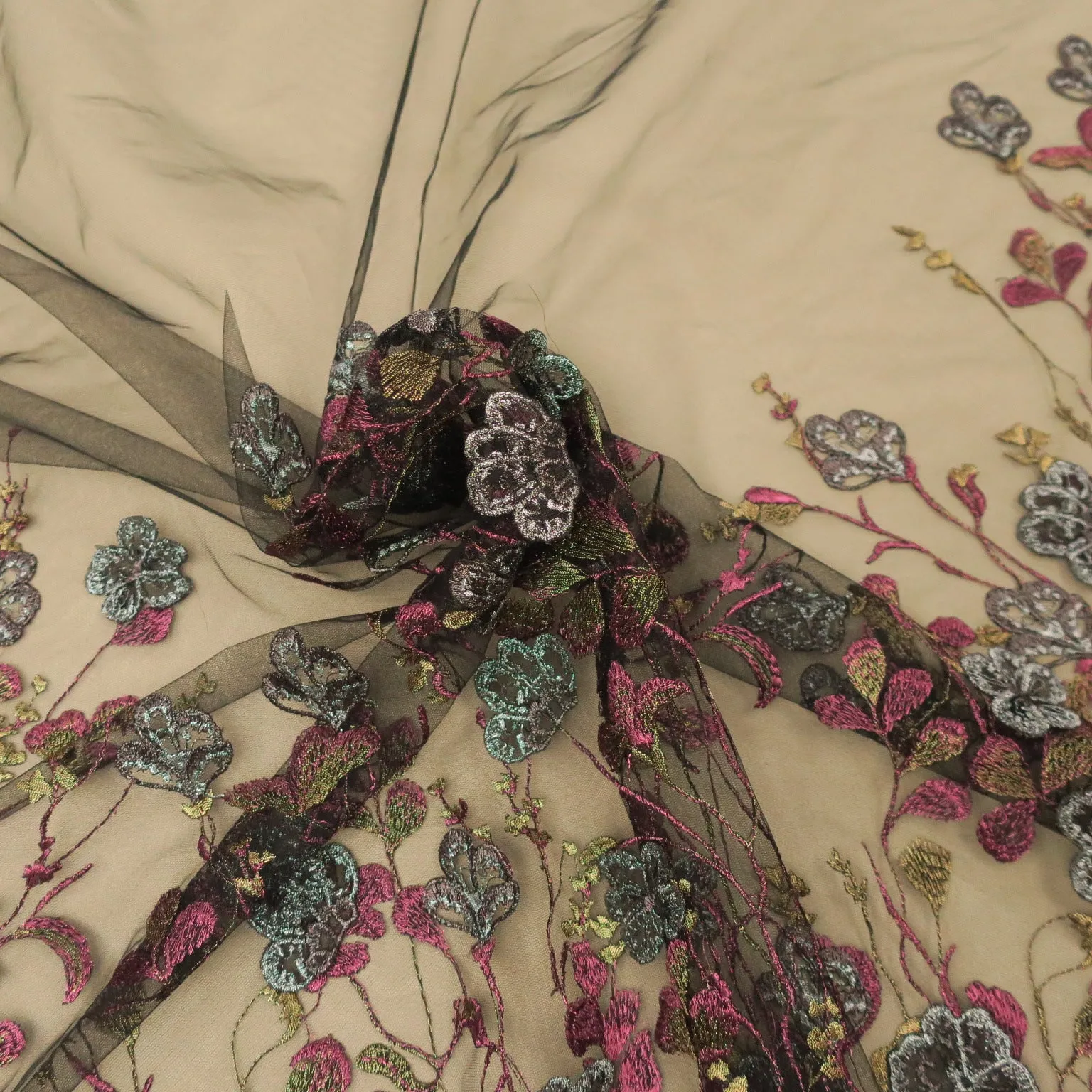 Wine Tulle with Silver and Gold Floral Embroidery Fabric