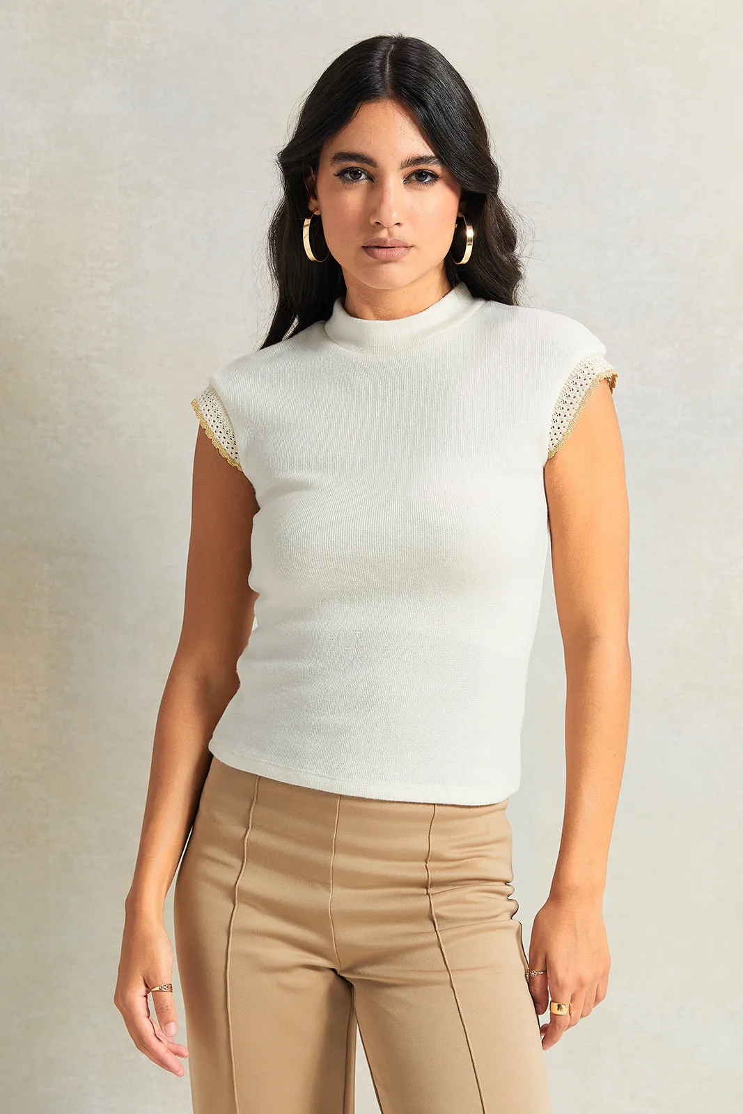 Women Beige Trim Detailed Top