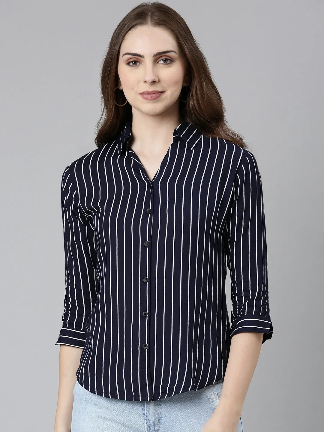 Women Navy Blue Striped Shirt