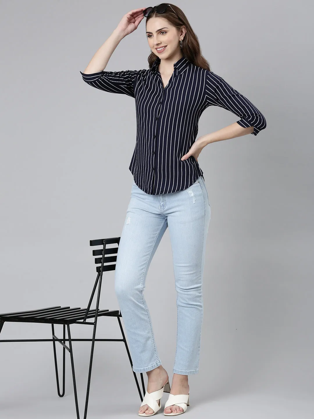 Women Navy Blue Striped Shirt