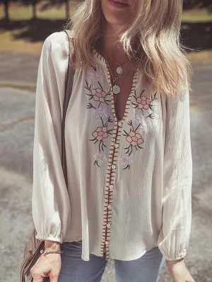 Women's Versatile Floral Embroidered Bubble Sleeve Blouse